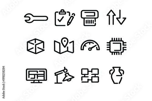Minimalist black line icons set for business technology and home including wrench clipboard map microchip and desk lamp