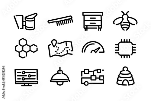 Minimalist black line icons featuring beekeeping equipment technology navigation and industrial symbols on a white background