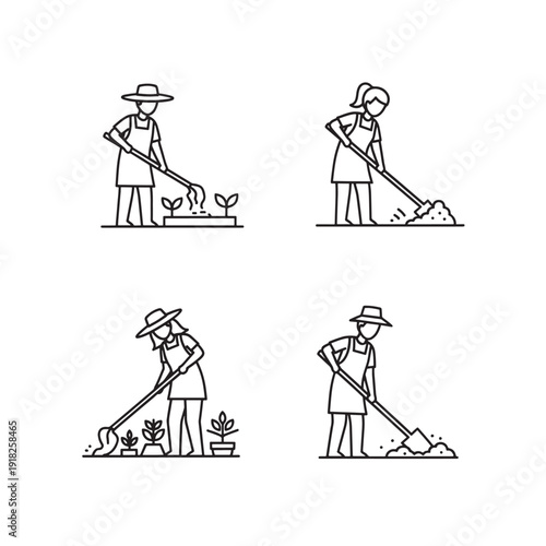 Line art illustrations depicting various gardening activities, including cultivating soil with a hoe and shoveling dirt, showing people engaged in outdoor plant care.