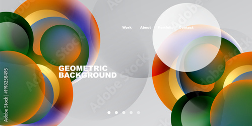 Abstract circles overlap, creating vibrant color gradients. Minimalist design features text elements, navigation options, dark background.