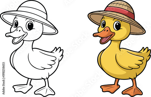 A cute yellow duckling wearing a straw hat stands upright and smiles sweetly