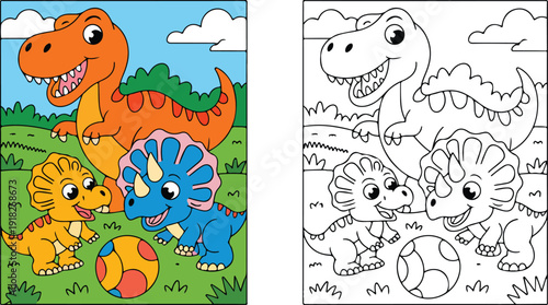 A friendly cartoon tyrannosaurus rex watches two baby triceratops dinosaurs playing with a ball