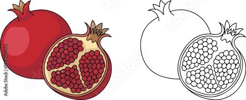 A vibrant red whole pomegranate sits next to a juicy halved fruit revealing its ruby seeds