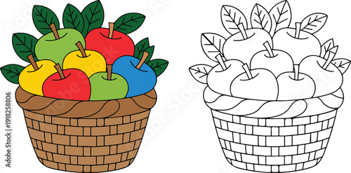 Woven basket overflowing with colorful red yellow green and blue apples and fresh leaves