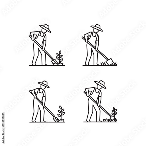 Gardening worker icon set. Includes people farming, planting, digging, and raking. Created in line style with black and white palette.