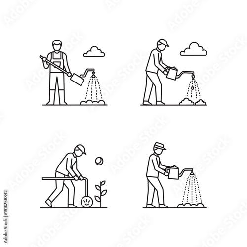 Gardening line icon collection. Includes planting, watering, fertilizing, and sowing. Created in minimalist style with black and white color palette.