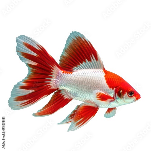 Vibrant red and white fish swimming gracefully in clear water
