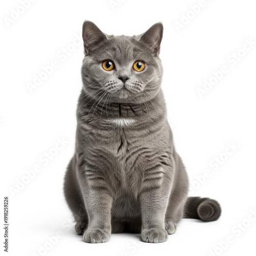 A majestic british shorthair cat with striking yellow eyes and a plush grey coat