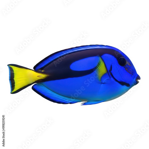 Vibrant blue tang fish with yellow tail and fins swimming in clear water