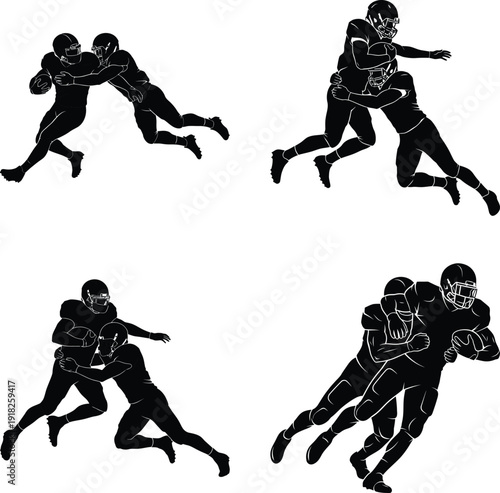 American Football Player Action Silhouette Set American Football Silhouette Set: Tackling and Defense Action in Black and White bundle design
