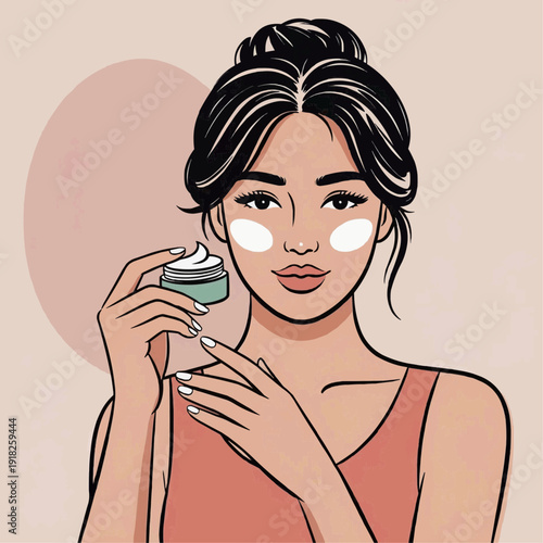 Woman applying face cream for skincare and beauty routine.
