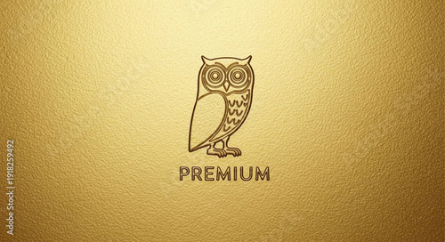 Elegant owl logo with premium text on textured gold background.