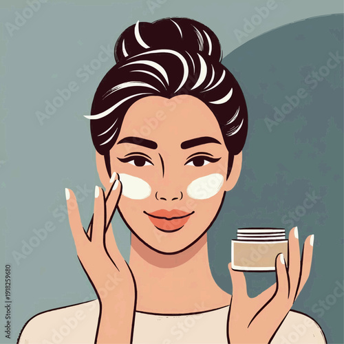 Woman applying face cream for skincare routine and beauty care.