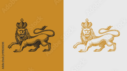 Heraldic royal lion in a kings crown for coat of arms design and shield. Hand drawn engraving in old traditional medieval style, modern made element for family symbols and logo templates