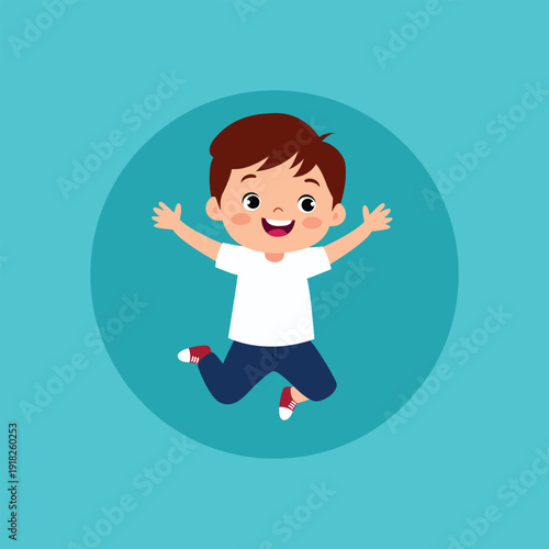 A cartoon boy jumping in the air with excitement and joy