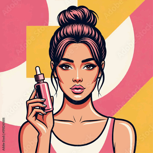 Young woman holding a dropper bottle with skincare product.