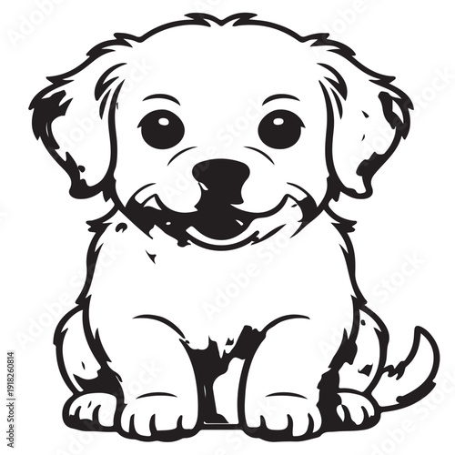 Cute cartoon puppy dog character sitting happily with open mouth and large expressive eyes for illustration