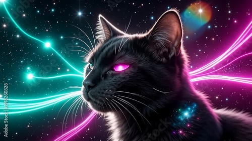 Dynamic glowing Space black cat on neon background