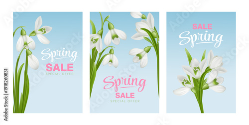 Set of spring sale banners with realistic snowdrop flowers on soft blue background. Elegant seasonal design for promotions, advertising, social media and retail offers.