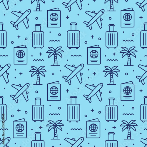 Seamless Travel Pattern Vector Airplane Passport Suitcase Palm Tree Minimal Icons