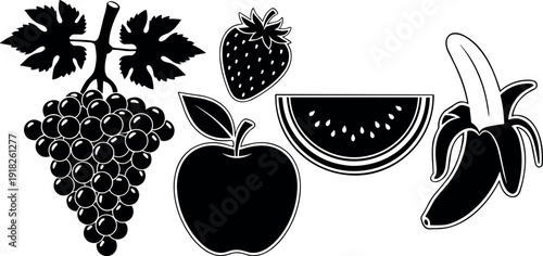 Fresh fruit set silhouette. Healthy nature food icons. Minimalist garden harvest symbols. Black and white botanical graphics. Isolated fruit design elements vector.