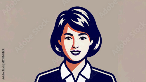 Illustration of a smiling businesswoman with short hair wearing a professional outfit.