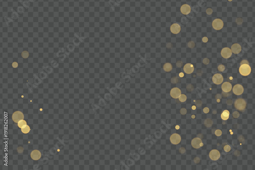 Golden glittering dust with radiant bokeh highlights on transparent dark background