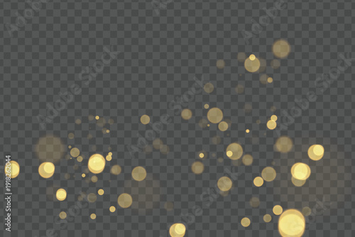 Bright gold glitter particles with blurred light orbs on transparent dark background