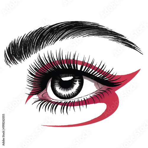 Expressive eye makeup with bold pink and black eyeliner, long lashes, and defined eyebrow, dramatic cosmetic look for fashion and beauty advertising campaign backdrop