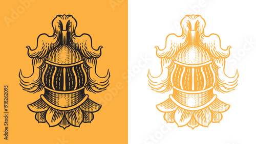 Heraldic knight in helmet with feathers for coat of arms design and shield. Hand drawn engraving in old traditional medieval style, modern made element for family symbols and logo templates