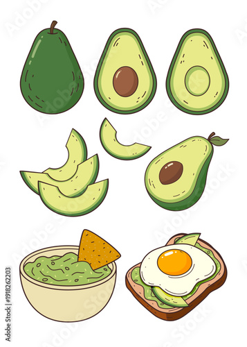 Avocado set with slices, guacamole bowl, avocado toast with fried egg