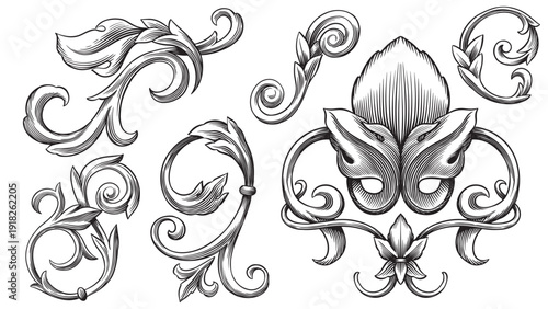 Vintage Baroque or renaissance hand drawn Victorian set of ornament floral elements engraved retro flower decorative design heraldic swirls. 