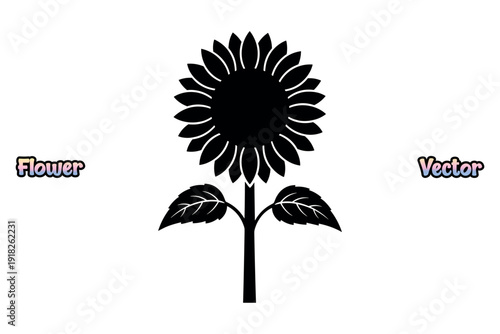 Large sunflower on tall stem. Summer floral nature icon. Minimalist garden plant symbol. Black and white botanical graphic. Isolated blossom design element. Seed head flower art vector.