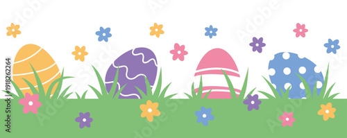 Vector decorative flat soft pastel seamless pattern with easter eggs, grass and flowers on white background