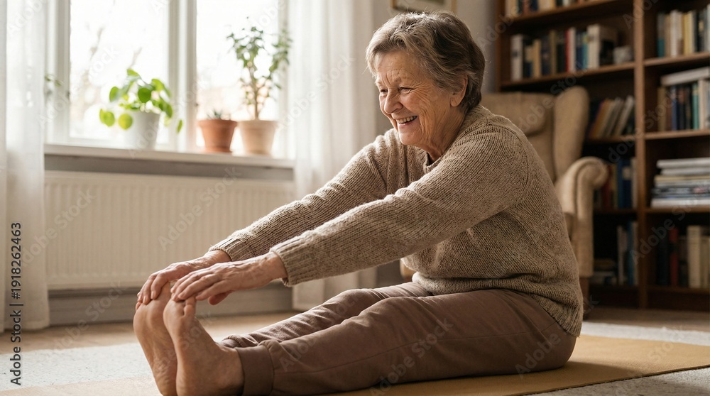 Obraz premium Senior woman touching toes in seated forward bend stretch on floor