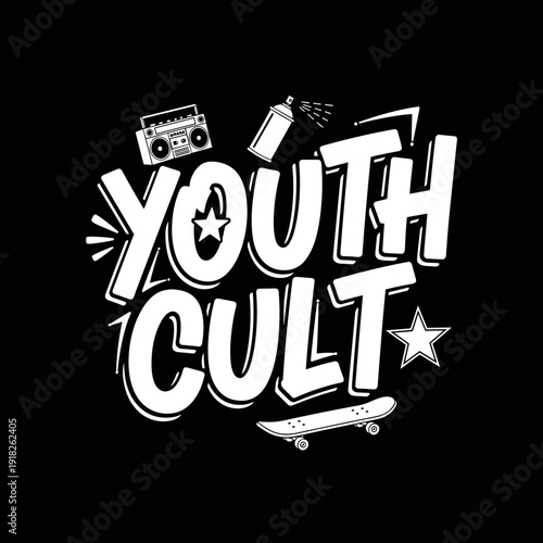 Youth Cult Graffiti Style Lettering with Skateboard and Boombox.