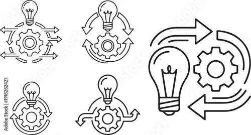 Creative design process line icon pack. Editable vector icons featuring brainstorm, concept development, research, innovation, prototype and strategic thinking elements