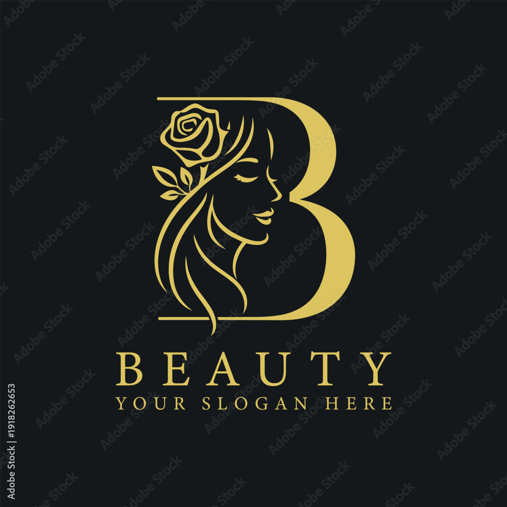 Fototapeta premium Luxury Gold Beauty Logo with Woman Silhouette and Letter B