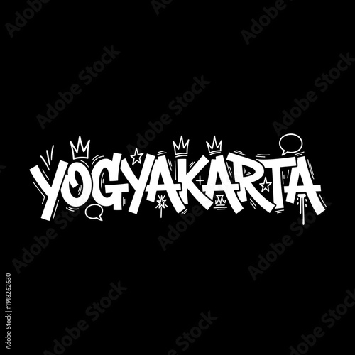 Yogyakarta graffiti style typography with crowns and speech bubbles.