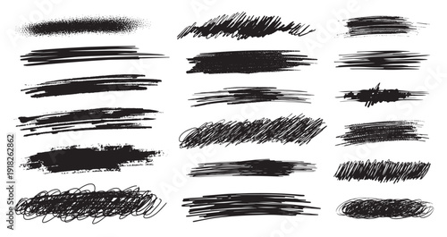 Collection of black paint brushstrokes, charcoal, liner and other strokes. Ink splashes, grunge blocks for text, banner, advertising