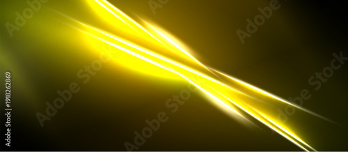 Bright yellow streaks cross dark background. Abstract light design creates dynamic energy, visual impact. Smooth gradients define shapes.