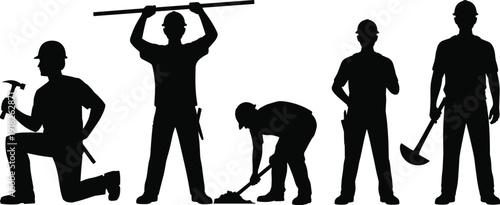 Construction worker silhouettes with hammer and shovel isolated on white background industrial labor team concept illustration