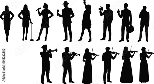 Singer and musician silhouettes performing with microphone and violin isolated on white background music concert concept illustration
