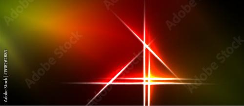 Abstract background features vibrant red, orange, yellow gradients. Bright white lines intersect creating dynamic light effects. Dark borders frame composition.