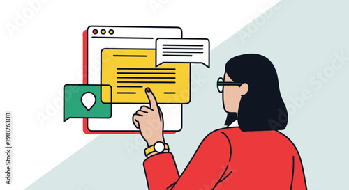 Businesswoman engaging with online communication interface in a modern flat design