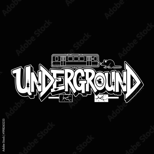 Underground graffiti style text with subway car and rat illustration.