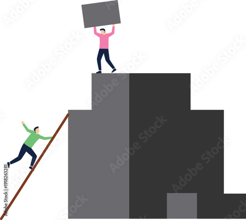 Businessman uses stone to stop companion from climbing to the top stock illustration
