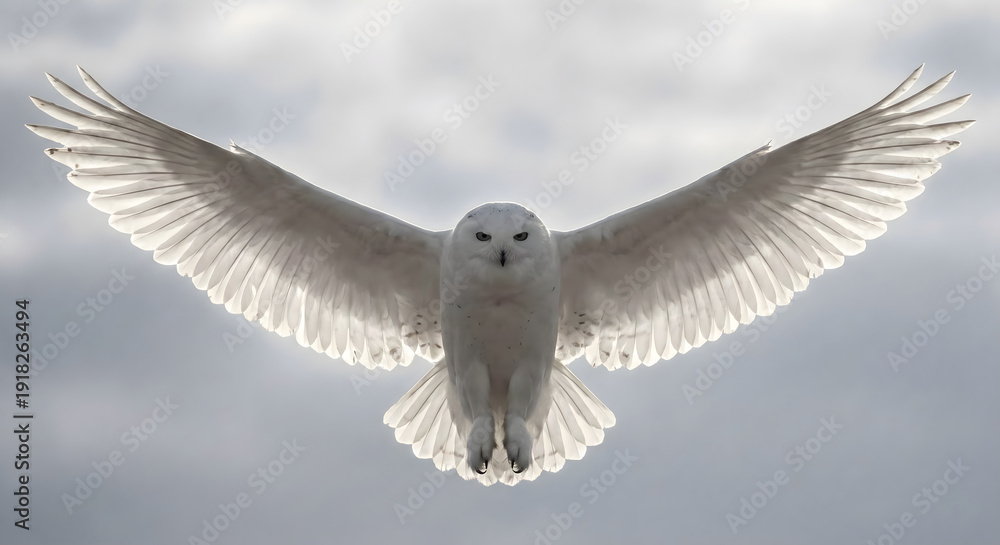 Obraz premium Majestic snowy owl flying with spread wings directly at camera against a bright white sky.
