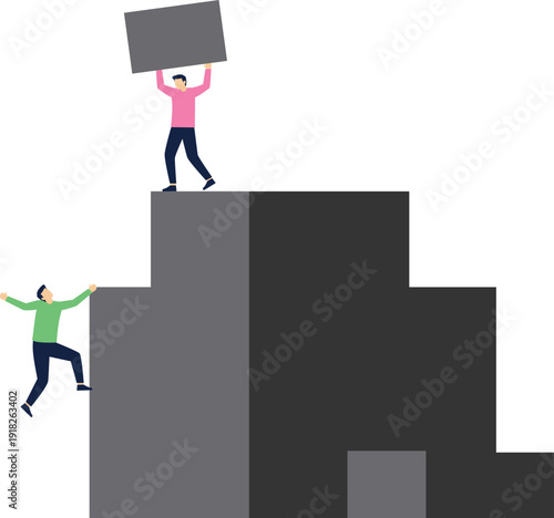 Businessman uses stone to stop companion from climbing to the top stock illustration
