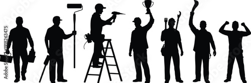 Construction worker silhouettes with tools and trophy isolated on white background industrial labor achievement concept illustration